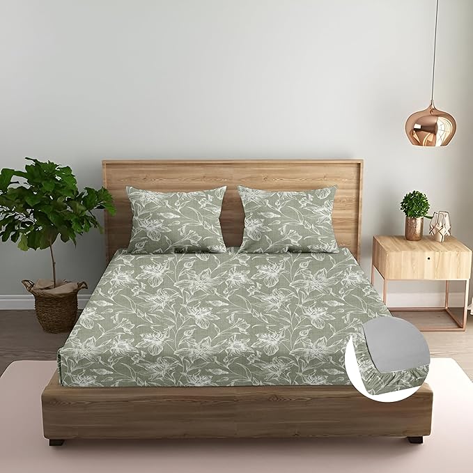 100% Cotton Printed Fitted Bedsheet with Pillow Cover - (Serenity Misty Green)