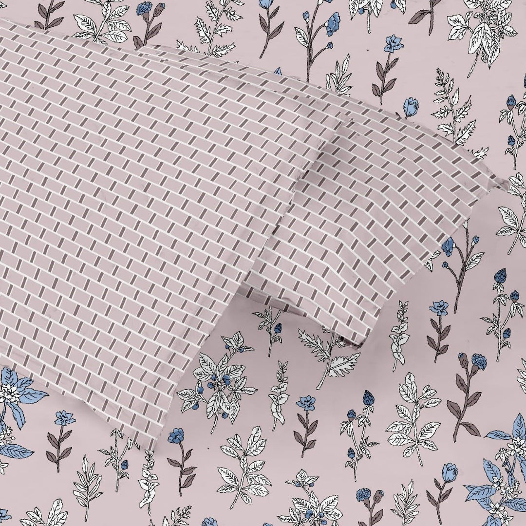 180TC Cotton Printed Fitted Bedsheet with Pillow Covers - Carnations