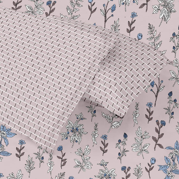 180TC Cotton Printed Fitted Bedsheet with Pillow Covers - Carnations
