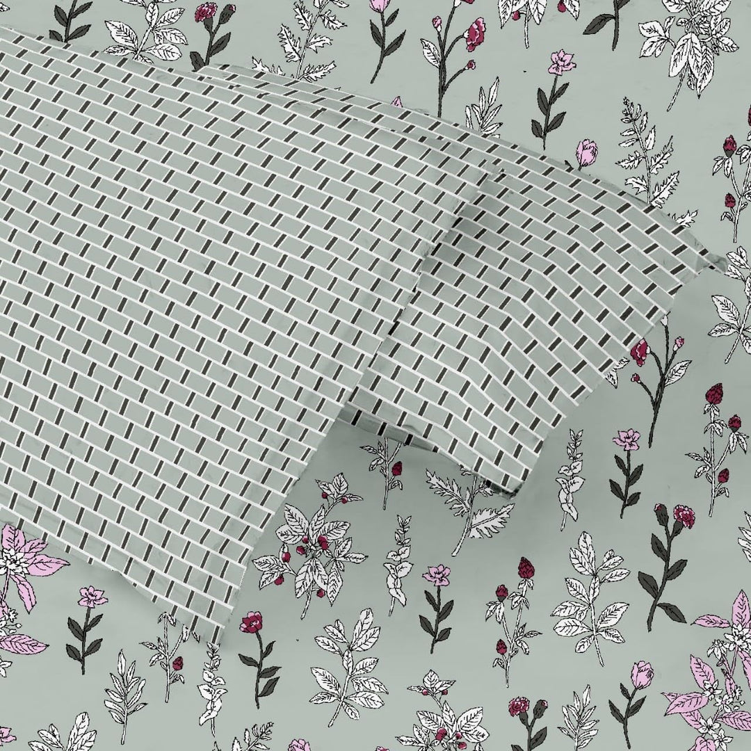 180TC Cotton Printed Fitted Bedsheet with Pillow Covers - Carnations