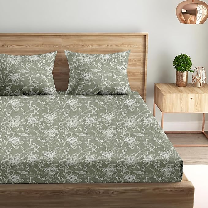 100% Cotton Printed Fitted Bedsheet with Pillow Cover - (Serenity Misty Green)