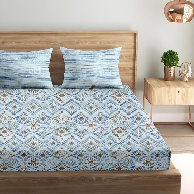 100% Cotton 180 TC Cotton Printed Fitted Bedsheet with Pillow Covers -Silken Mosaic