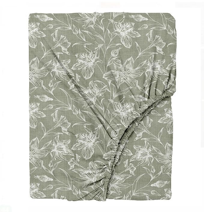 100% Cotton Printed Fitted Bedsheet with Pillow Cover - (Serenity Misty Green)