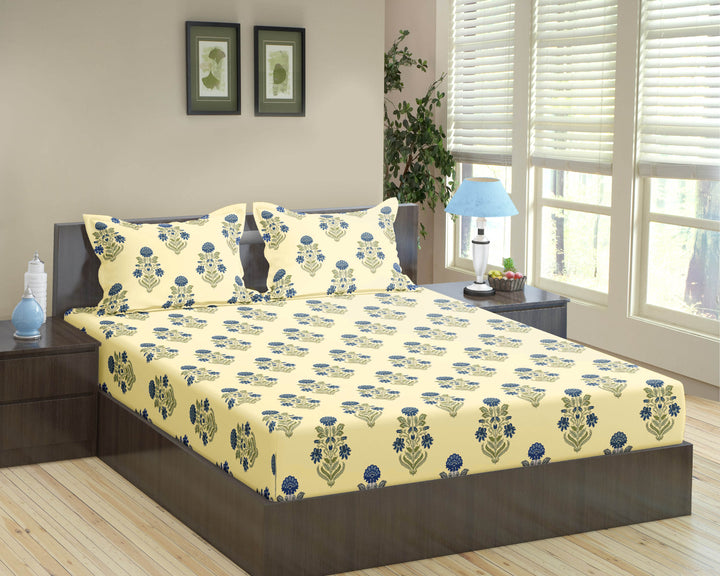 Cotton Printed Queen Flat Bedsheet with 2 Pillow Covers (Aangan Collection 100% Cotton)