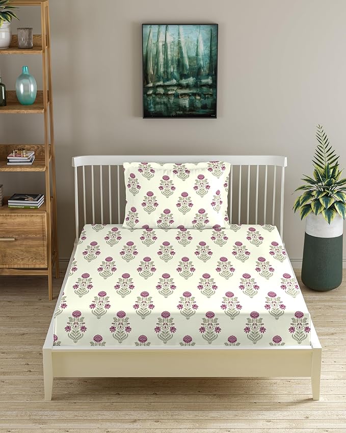 100% Cotton 180 TC  Printed Flat Bedsheet  with Pillow Covers -Aangan