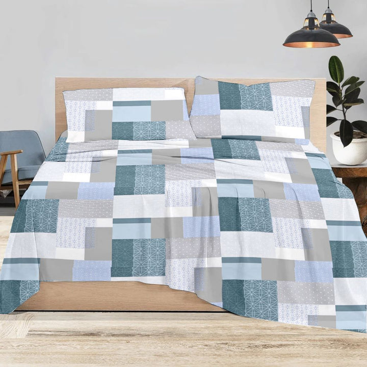 100% Cotton 144tc Printed Flat Bedsheet with Pillow Covers - Abstract Green