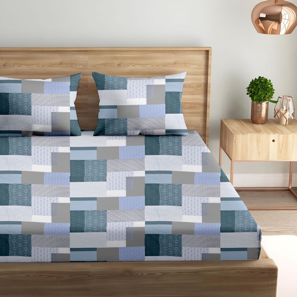 100% Cotton 144TC Printed Fitted Bedsheet with Pillow Covers -Abstract blue