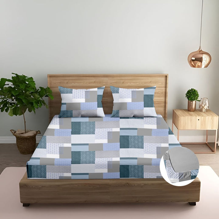 100% Cotton 144TC Printed Fitted Bedsheet with Pillow Covers -Abstract blue