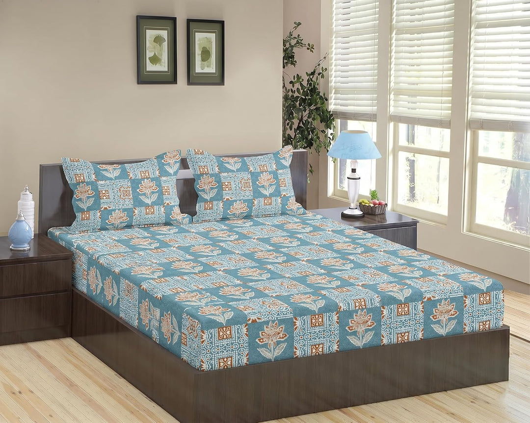 100% Cotton 144TC Printed Fitted Bedsheet with Pillow Covers -Ajrak Collection