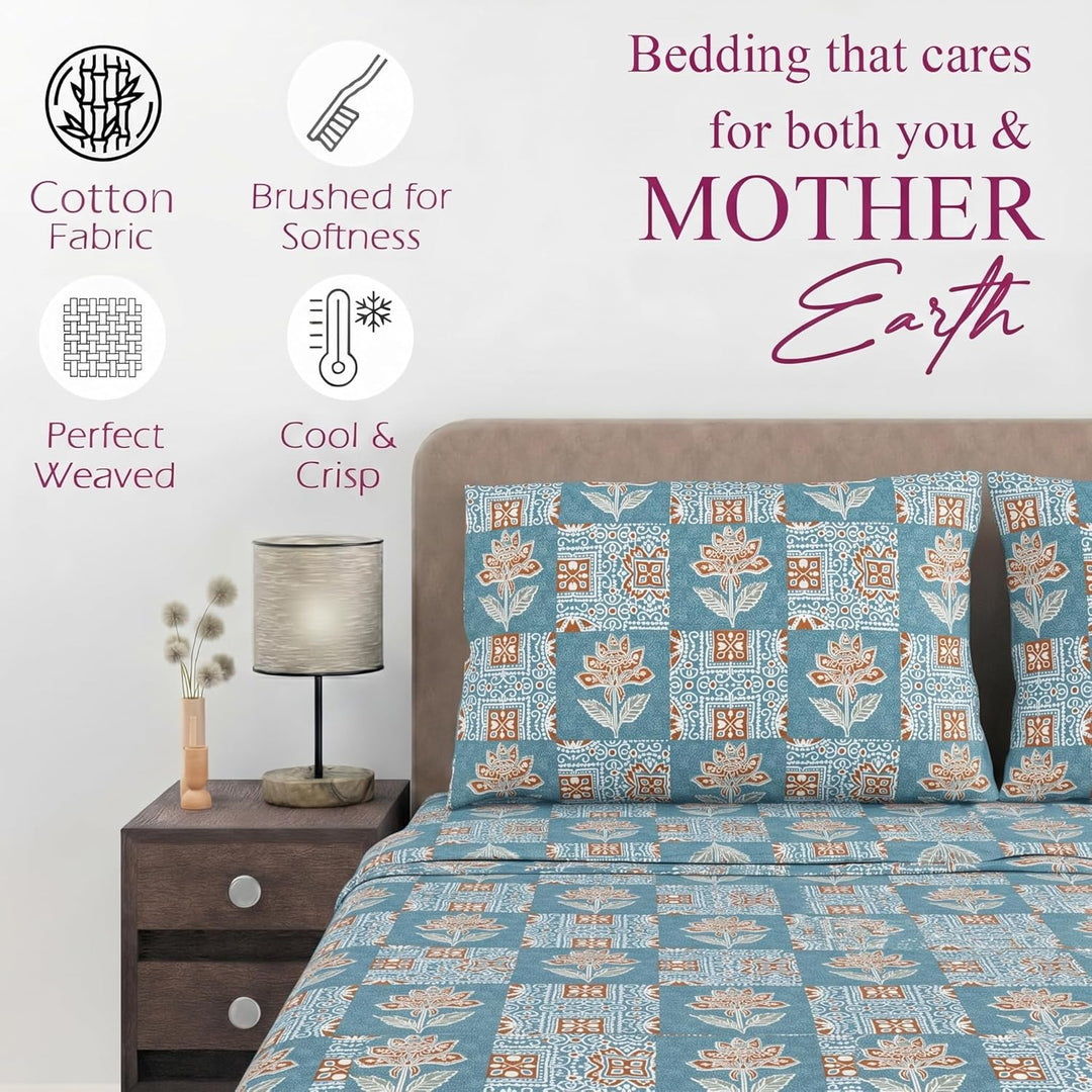 100% Cotton 144TC Printed Fitted Bedsheet with Pillow Covers -Ajrak Collection