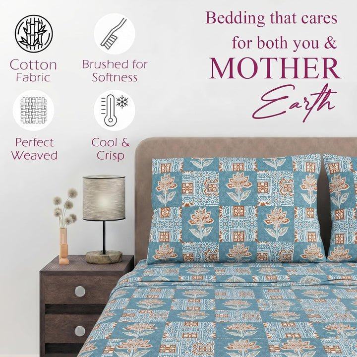 100% Cotton 144TC Printed Fitted Bedsheet with Pillow Covers -Ajrak Collection