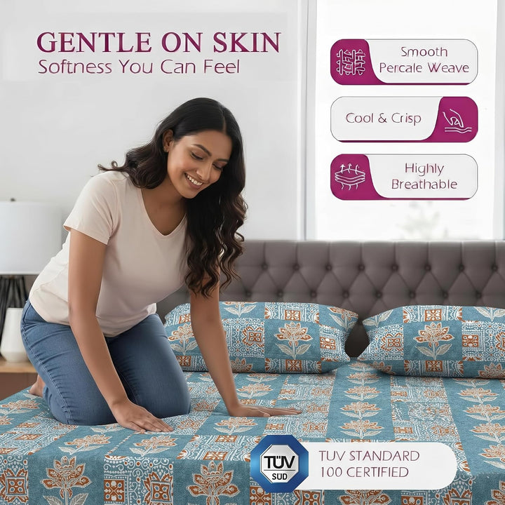 100% Cotton 144TC Printed Fitted Bedsheet with Pillow Covers -Ajrak Collection