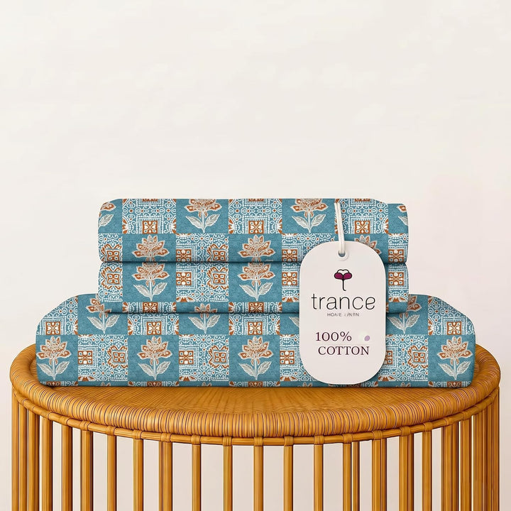 100% Cotton 144TC Printed Fitted Bedsheet with Pillow Covers -Ajrak Collection