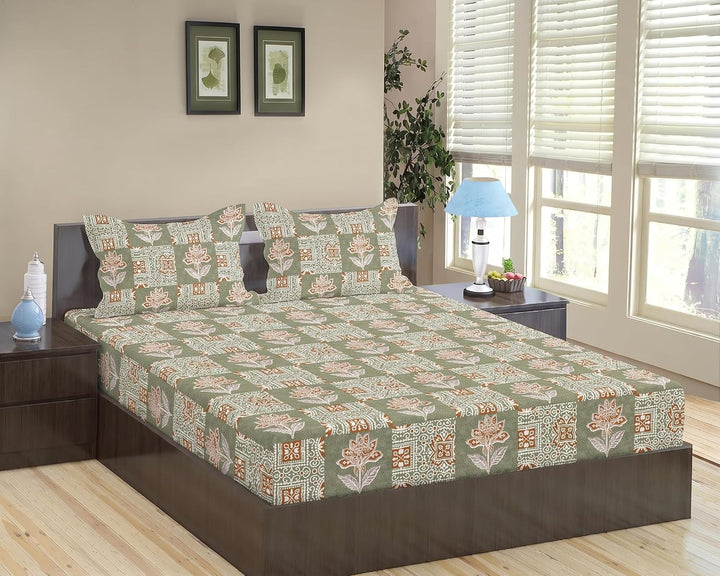 100% Cotton 144TC Printed Fitted Bedsheet with Pillow Covers -Ajrak Collection