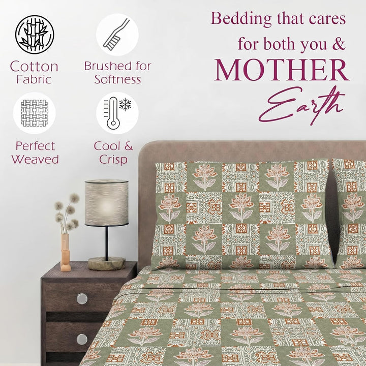 100% Cotton 144TC Printed Fitted Bedsheet with Pillow Covers -Ajrak Collection