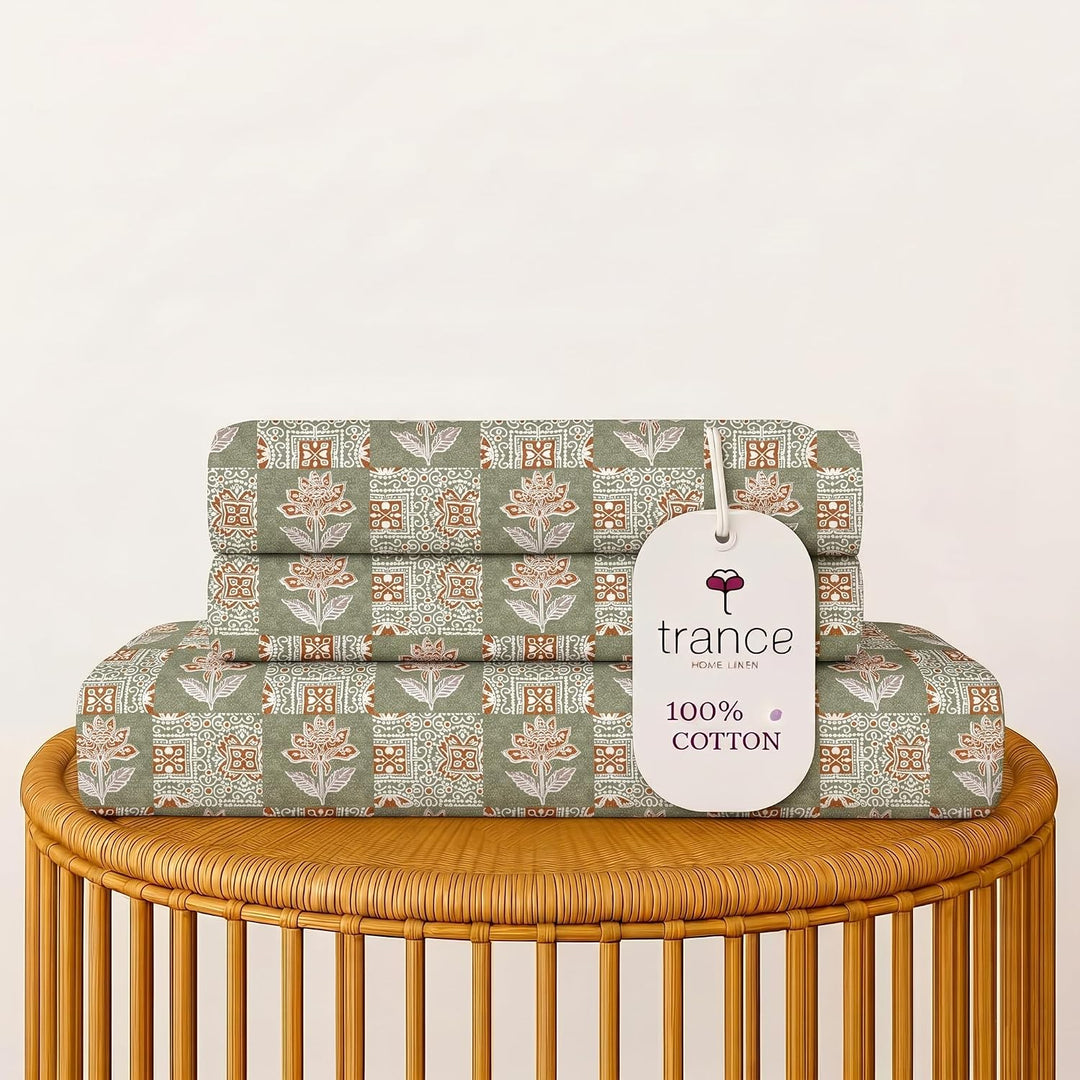 100% Cotton 144TC Printed Fitted Bedsheet with Pillow Covers -Ajrak Collection