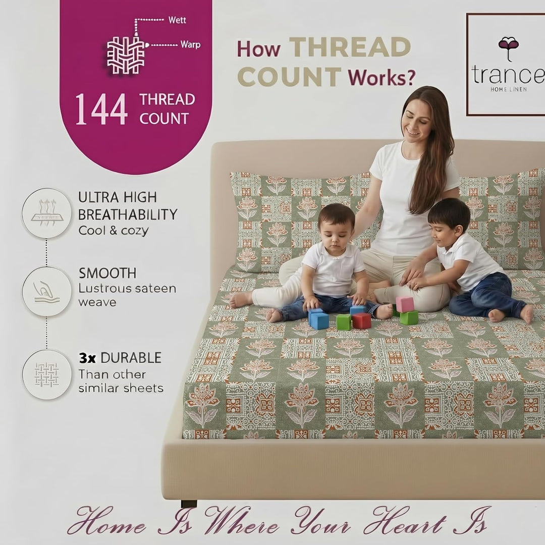 100% Cotton 144TC Printed Fitted Bedsheet with Pillow Covers -Ajrak Collection