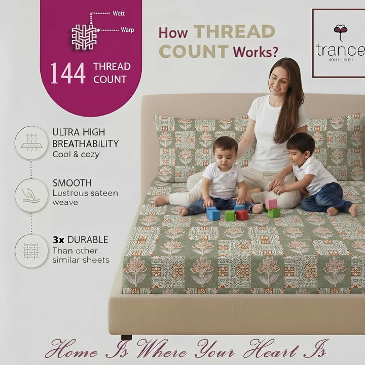 100% Cotton 144TC Printed Fitted Bedsheet with Pillow Covers -Ajrak Collection