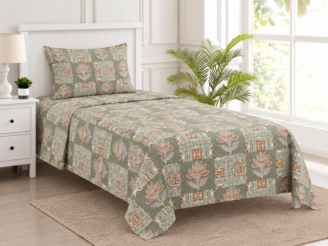 100%-Cotton 144TC-Bedsheet-King Size Printed Flat Bedsheet with 2 Pillow Covers-Ajrak
