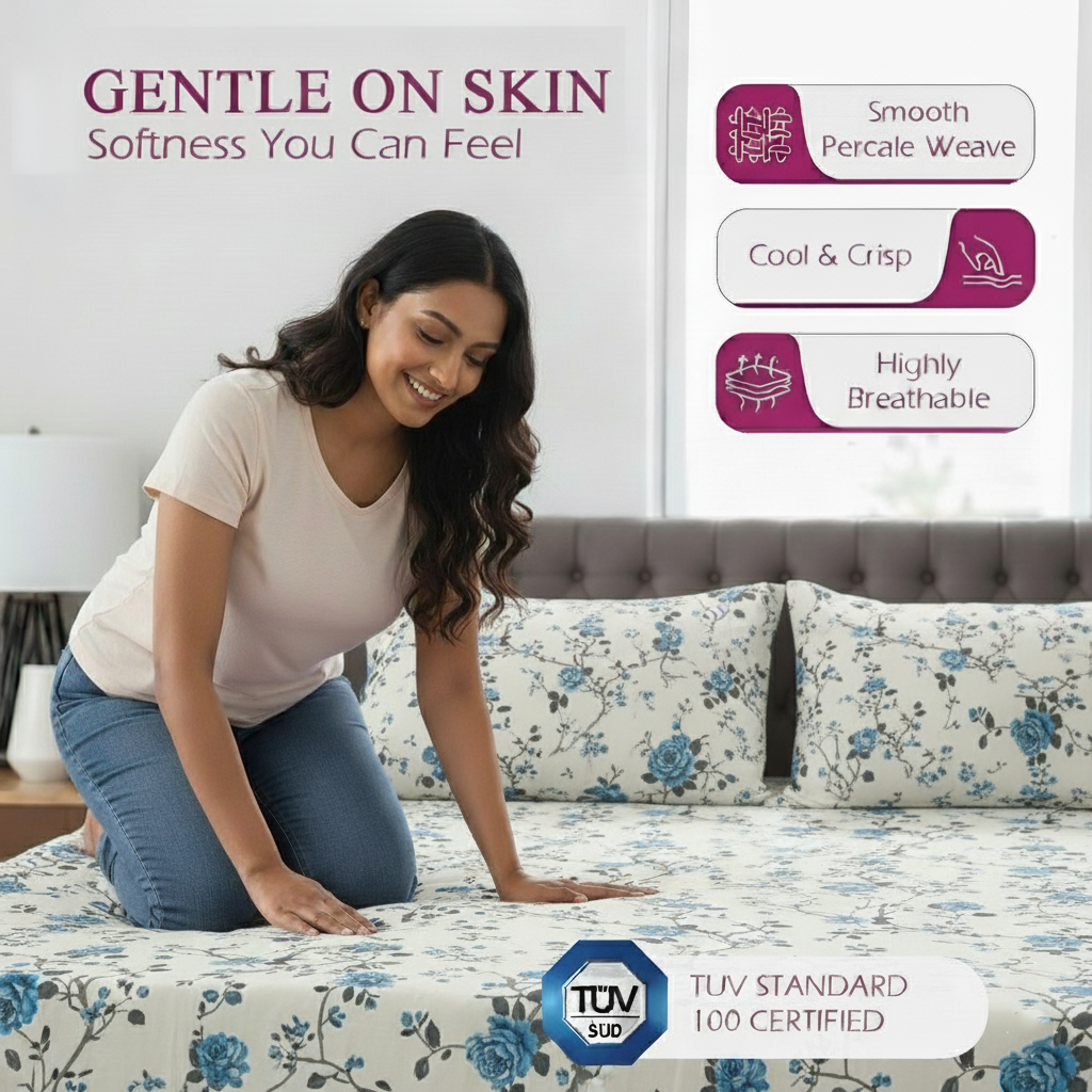 Cotton Printed Flat Bedsheet with 2 Pillow Covers (Aster 100% Cotton & 180 TC)