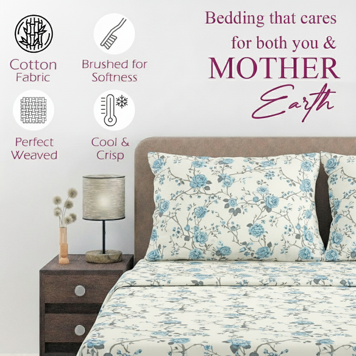 Cotton Printed Flat Bedsheet with 2 Pillow Covers (Aster 100% Cotton & 180 TC)