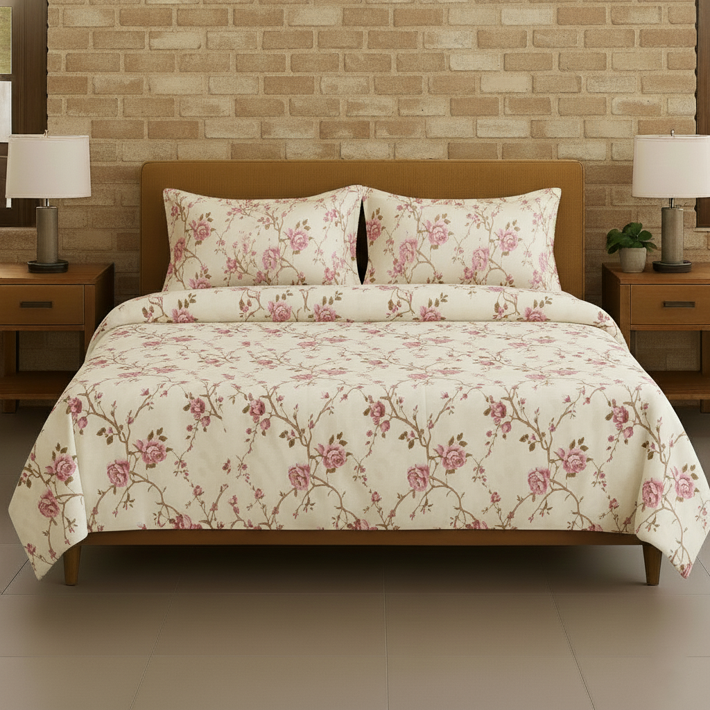 Cotton Printed Flat Bedsheet with 2 Pillow Covers (Aster 100% Cotton & 180 TC)