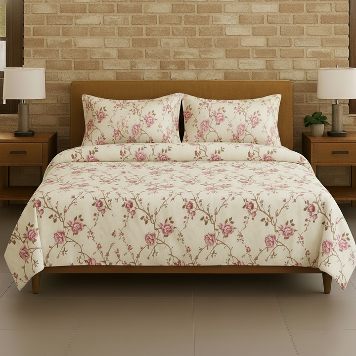 Cotton Printed Flat Bedsheet with 2 Pillow Covers (Aster 100% Cotton & 180 TC)