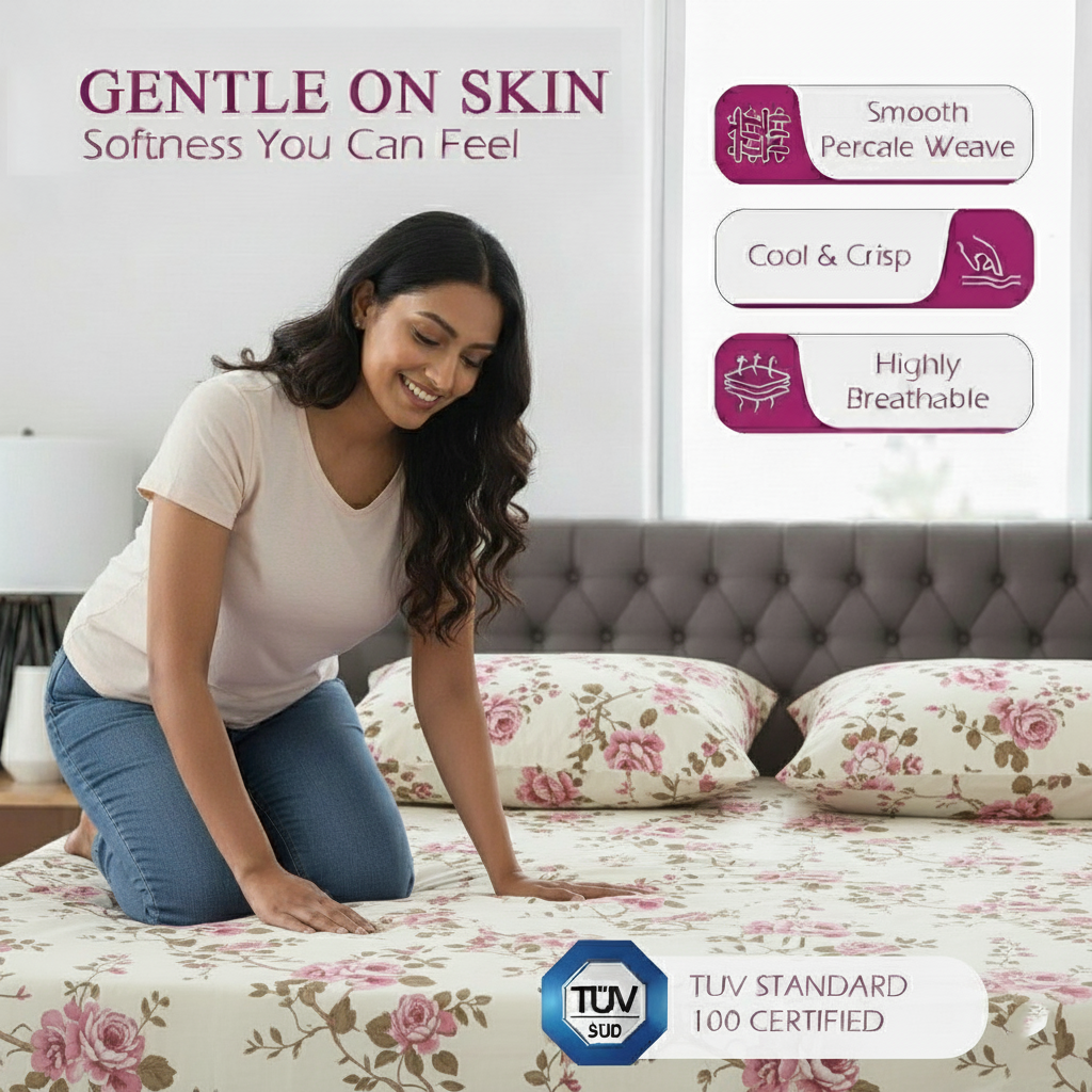 Cotton Printed Flat Bedsheet with 2 Pillow Covers (Aster 100% Cotton & 180 TC)