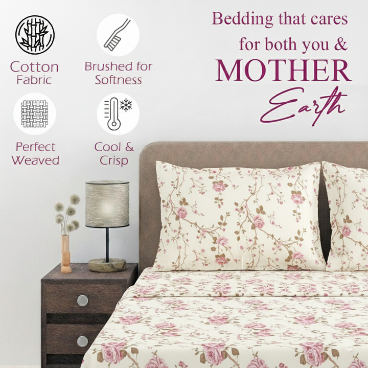 Cotton Printed Flat Bedsheet with 2 Pillow Covers (Aster 100% Cotton & 180 TC)