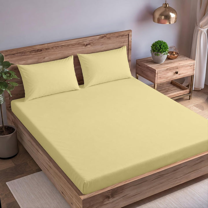 Cotton Queen  Percale Fitted Bedsheet with 2 Pillow Cover (100% Cotton & 200 TC)
