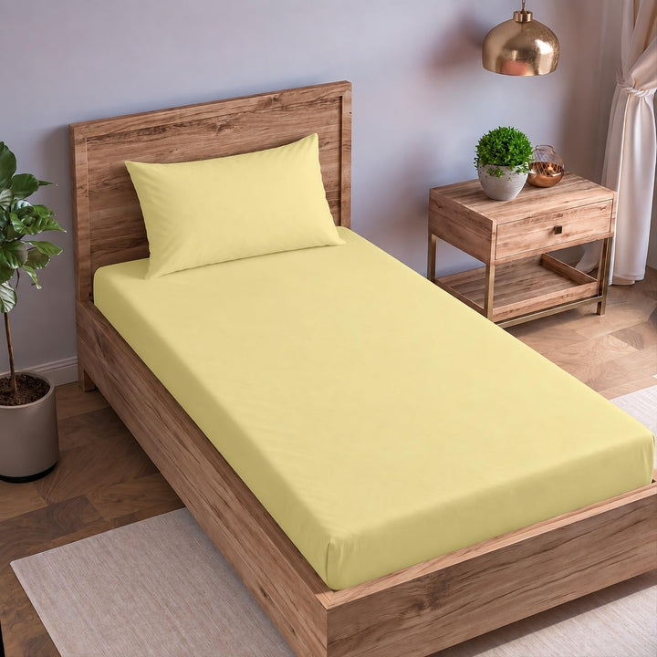 Single size Cotton Percale Fitted Bedsheet with 2 Pillow Cover (100% Cotton & 200 TC)