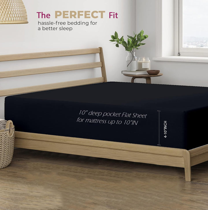 400 TC Cotton Plain Flat Bed Sheet with Pillow Covers - Black