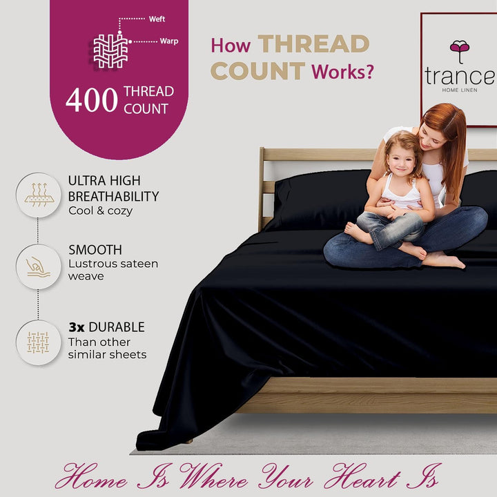 400 TC Cotton Plain Flat Bed Sheet with Pillow Covers - Black