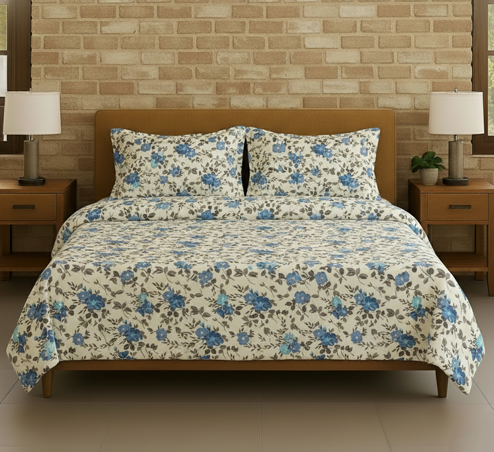 Cotton Printed Flat Bedsheet with 2 Pillow Covers (Blooms 100% Cotton & 180 TC)