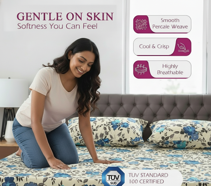 Cotton Printed Flat Bedsheet with 2 Pillow Covers (Blooms 100% Cotton & 180 TC)