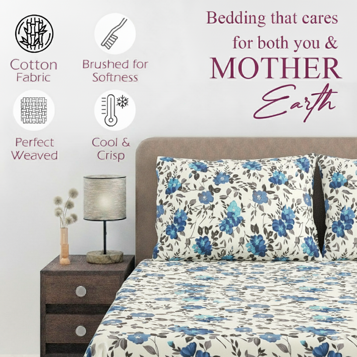 Cotton Printed Flat Bedsheet with 2 Pillow Covers (Blooms 100% Cotton & 180 TC)