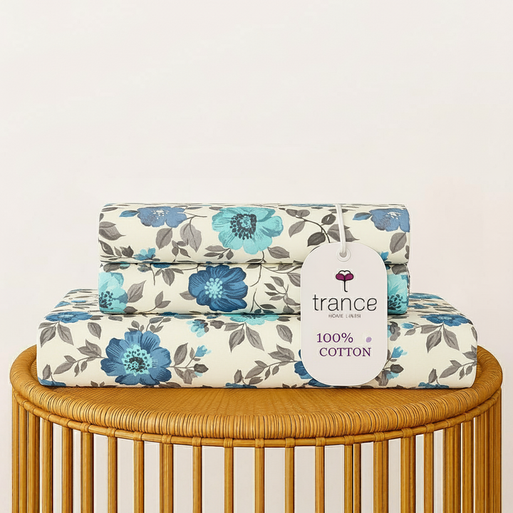 Cotton Printed Flat Bedsheet with 2 Pillow Covers (Blooms 100% Cotton & 180 TC)