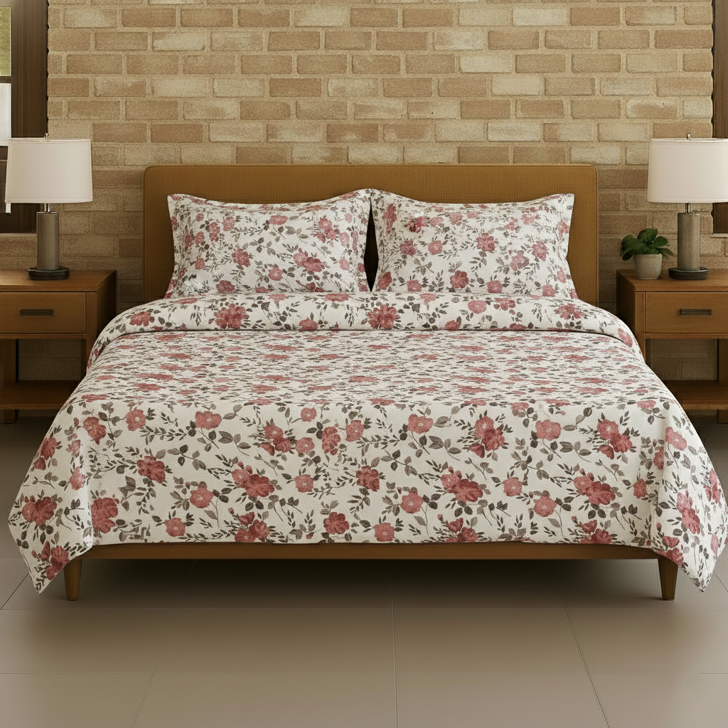 Cotton Printed Flat Bedsheet with 2 Pillow Covers (Blooms 100% Cotton & 180 TC)