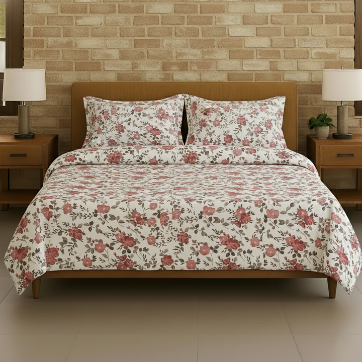 Cotton Printed Flat Bedsheet with 2 Pillow Covers (Blooms 100% Cotton & 180 TC)