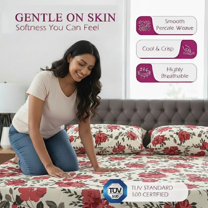 Cotton Printed Flat Bedsheet with 2 Pillow Covers (Blooms 100% Cotton & 180 TC)