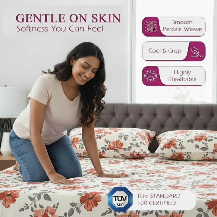 Cotton Printed Flat Bedsheet with 2 Pillow Covers (Blooms 100% Cotton & 180 TC)