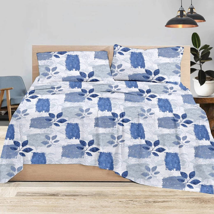 100% Cotton 144tc Printed Flat Bedsheet with Pillow Covers - Blue Beech