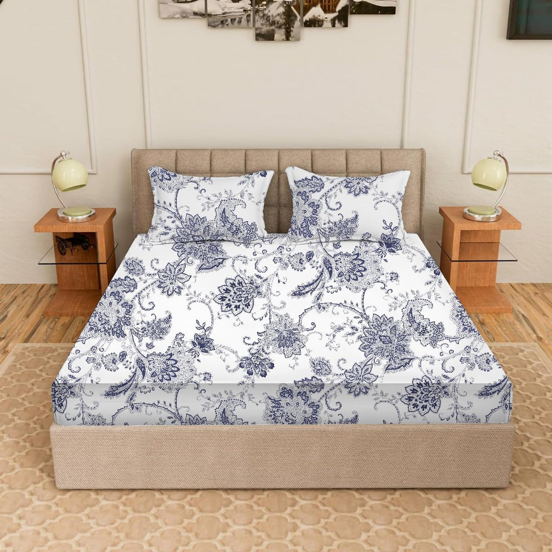 100% Cotton 180TC  Printed Fitted Bedsheet with Pillow Cover - Spring Bouquet