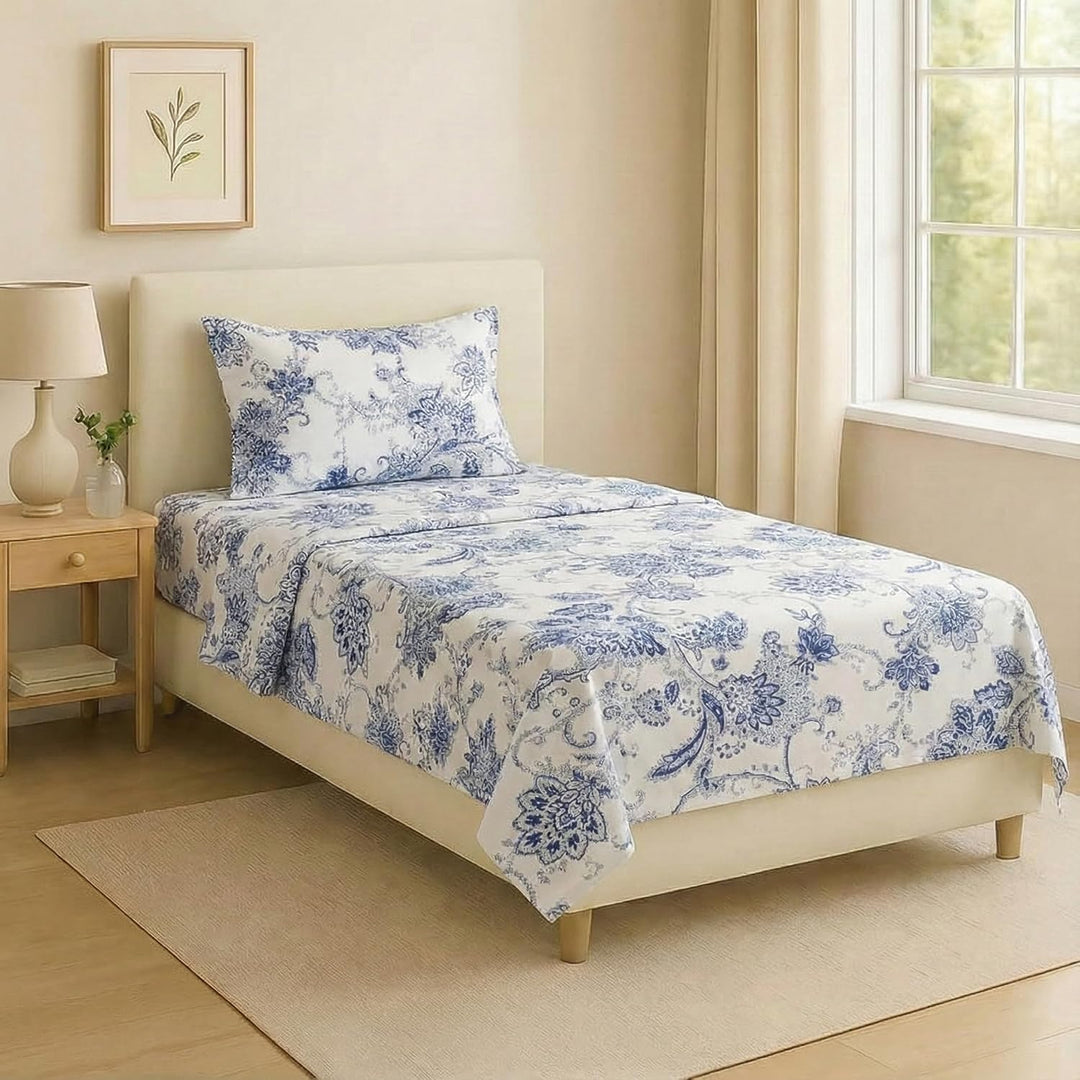 100% Cotton 180TC  Printed Fitted Bedsheet with Pillow Cover - Spring Bouquet