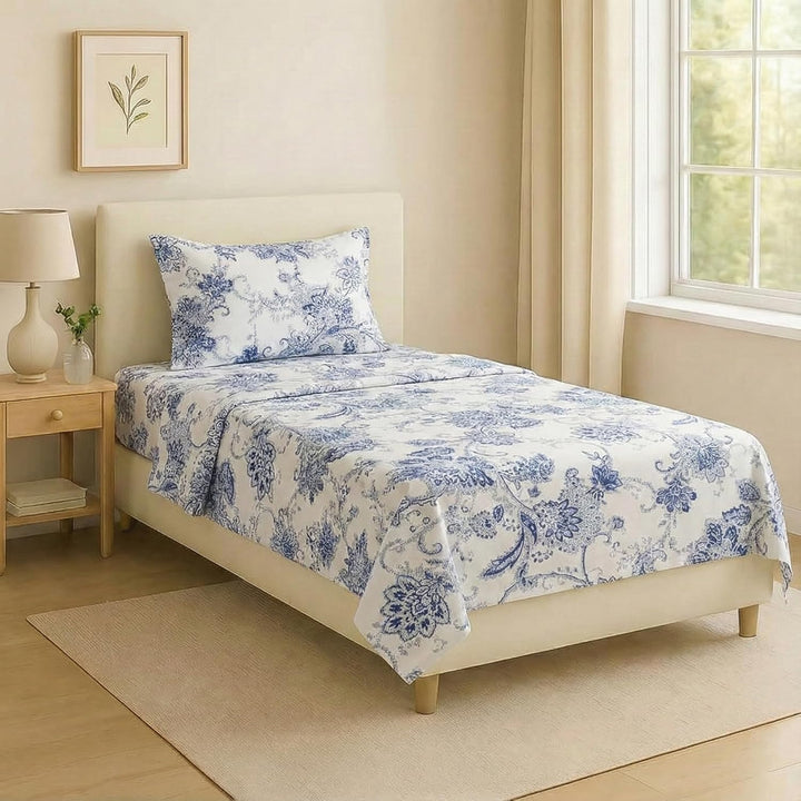 100% Cotton 180TC  Printed Fitted Bedsheet with Pillow Cover - Spring Bouquet