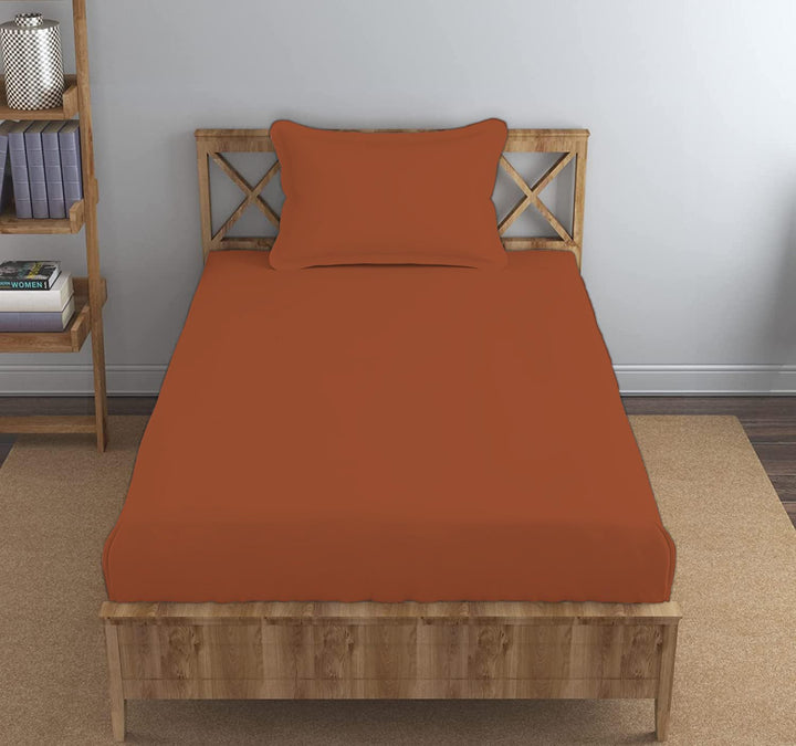 Cotton Plain Single Size Fitted Bedsheet with 1 Pillow Cover (100% Cotton & 400 TC)