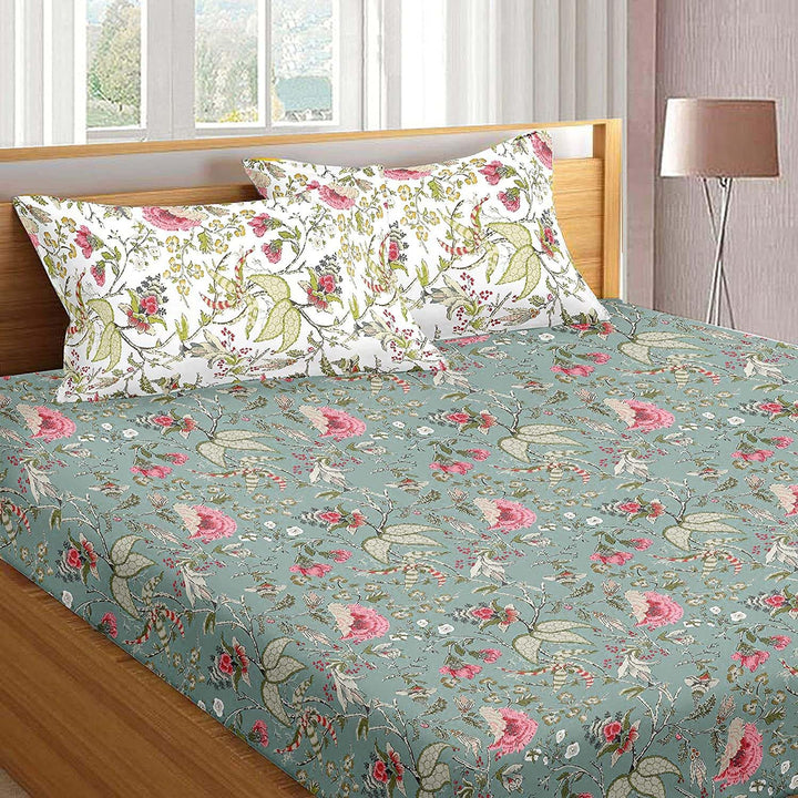 100% Cotton 180 TC Cotton Printed Fitted Bedsheet with Pillow Covers (Calicut Collection )