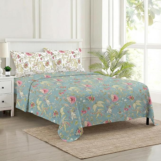 100% Cotton 180 TC  Printed Flat Bedsheet with Pillow Covers - Calicut White Green