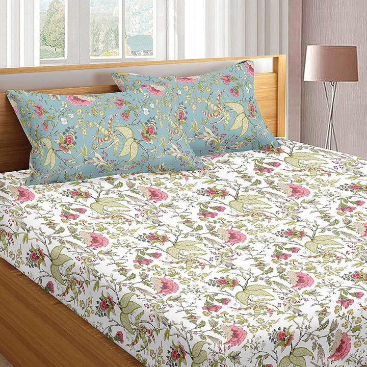 100% Cotton 180 TC Cotton Printed Fitted Bedsheet with Pillow Covers (Calicut Collection )