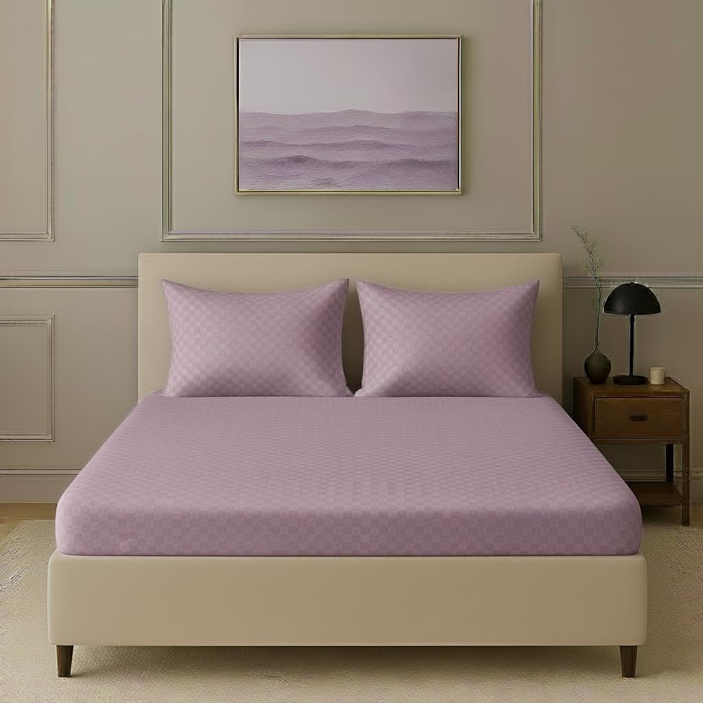 300TC 100% Cotton Jacquard Weave Checks Single Fitted Bedsheet with Pillow Cover